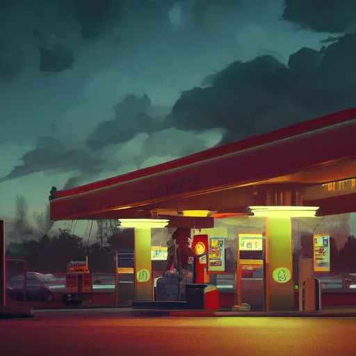 Image similar to Woman on gas station at night, beautiful dynamic lighting, cinematic, wide angle establishing shot, extremely high detail, photo realistic, cinematic lighting, post processed, concept art, artstation, matte painting, style by frederic church, raphael lacoste, unreal engine 8k