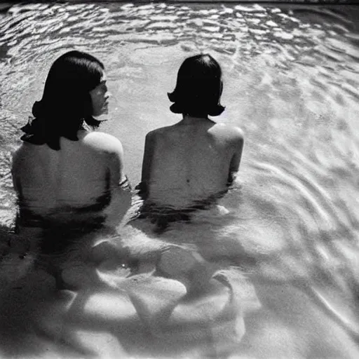 Image similar to two woman in the pool, film camera style, la piscine 1 9 6 9 film aesthetics, 1 9 7 0 s