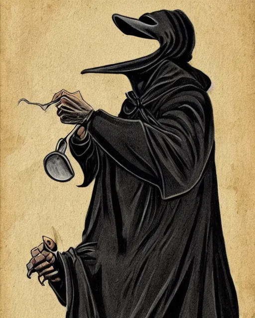 Image similar to a man in black hooded robes holding a plague doctor mask in hand, detailed art by greg rukowtski