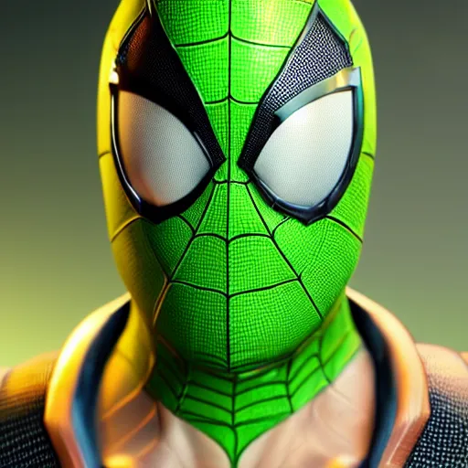 Image similar to still photo of green spider - man, highly detailed, photorealistic portrait, bright studio setting, studio lighting, crisp quality and light reflections, unreal engine 5 quality render