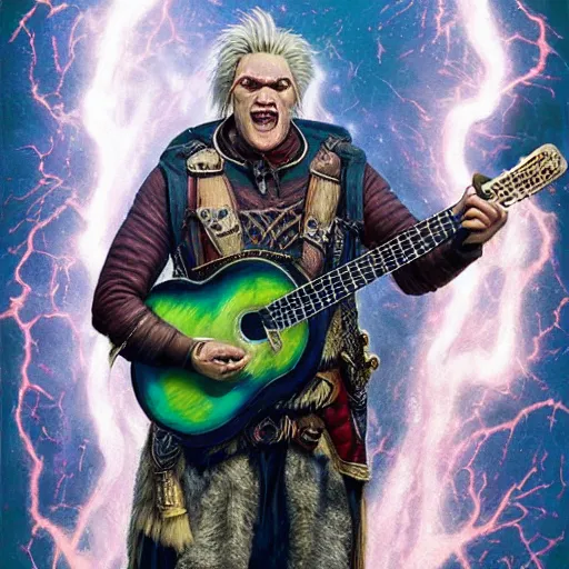 Image similar to detailed photo of a Half-orc bard portrayed by Gary Busey playing a lute, 8k,by Tristan Eaton, Stanley Artgermm, Tom Bagshaw, Greg Rutkowski, Carne Griffiths, trending on DeviantArt, face enhance, hyper detailed ,full of color, dramatic lightning, epic stance