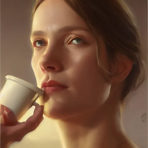 Image similar to an portrait of an female medic drinking coffee, detailed, centered, digital painting, artstation, concept art, donato giancola, Joseph Christian Leyendecker, WLOP, Boris Vallejo, Breathtaking, 8k resolution, extremely detailed, beautiful, establishing shot, artistic, hyperrealistic, beautiful face, octane render