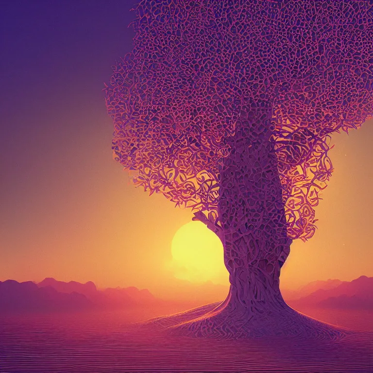 Prompt: The Bodhi Tree at Sunset, beautiful art with volumetric lighting, by Jonathan Zawada, Alphonse Mucha, beeple, Pi-Slices and Kidmograph