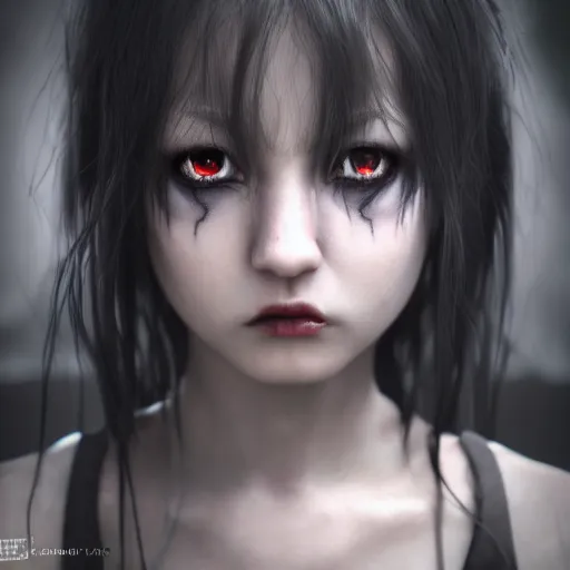 Image similar to photorealistic full shot portrait of angry darkness anime girl, inspired by tim burton, detailed, unreal engine 4 k, volumetric light, fog