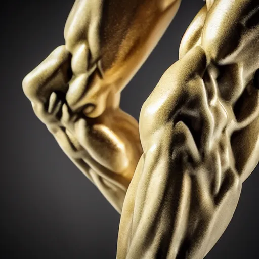 Image similar to stunning close up photograph of marble sculpture of strong masculine man's legs made of marble set on fine gold base, masculine texture background, 40mm lens, shallow depth of field, split lighting