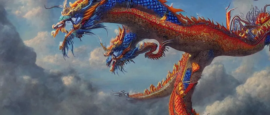 Prompt: one Chinese dragon flying over the city, detailed matte painting, glittering, trending on artstation, art by Alan Lee, cinematic, full of color