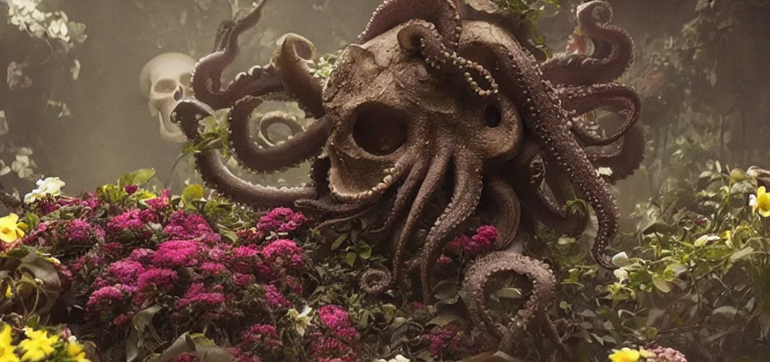 Prompt: an octopus in the shape of a skull surrounded by flowers at midnight, foggy!,,, cinematic shot, photo still from movie by denis villeneuve, wayne barlowe