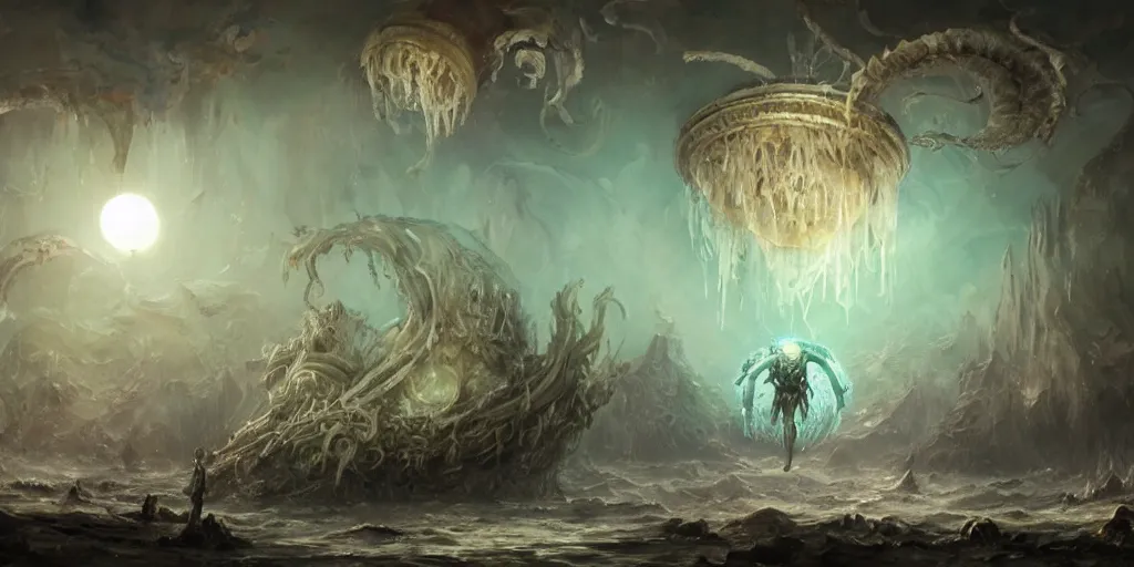 Image similar to concept art of giant translucent glowing jellyfishes, renaissance, divers helmet, lots of teeth, melting horror, round moon, rich clouds, fighting the horrors of the unknown, mirrors, very detailed, volumetric light, mist, grim, fine art, decaying, textured oil over canvas, epic fantasy art, very colorful, ornate, anato finnstark