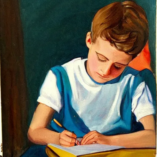 Image similar to 1950 painting of a boy writing a letter