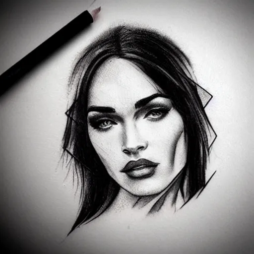 Image similar to tattoo sketch of megan fox's face shape created in amazing mountain scenery, in the style of dan mountford