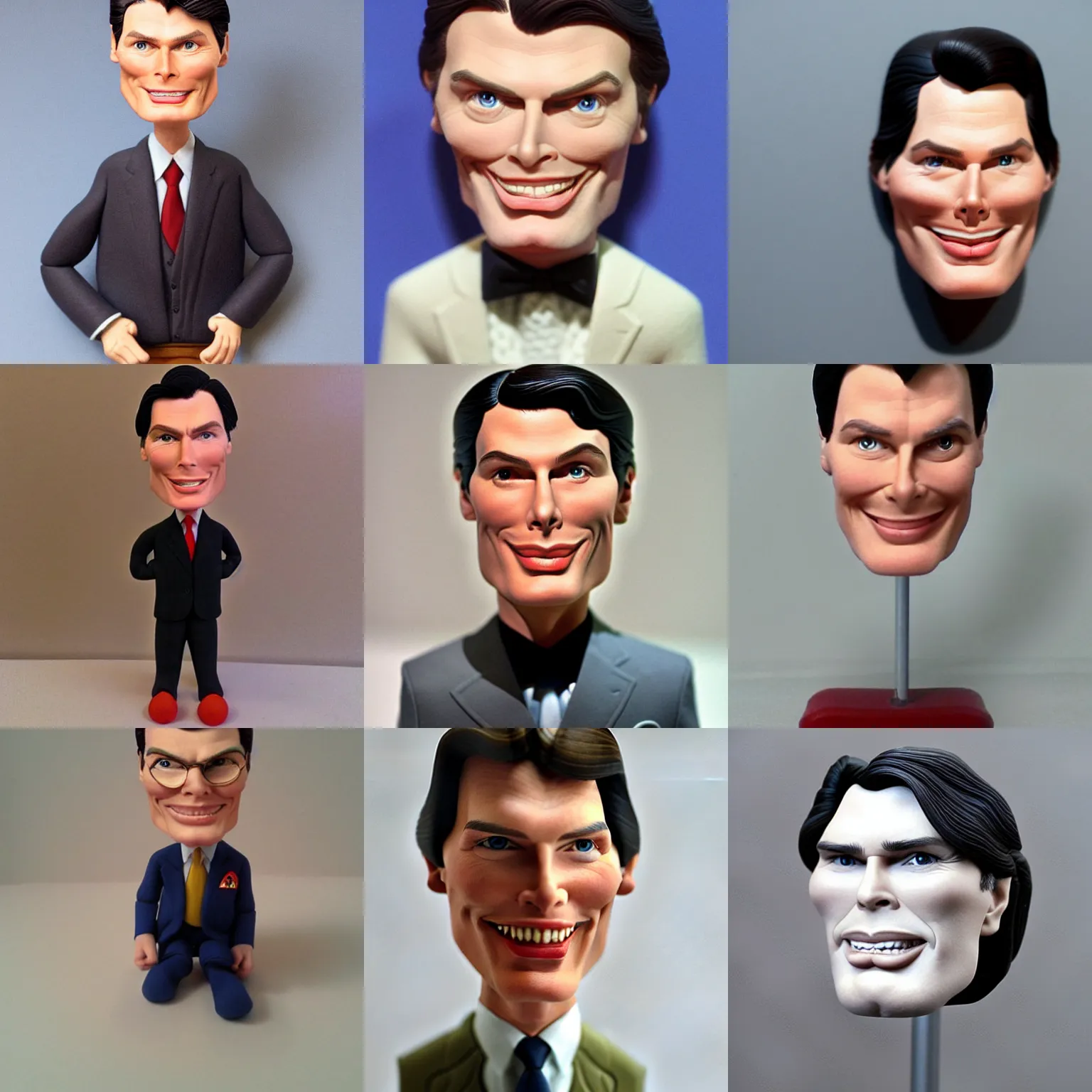 Prompt: christopher reeve caricature !!! very extremely realistic!!! extreme likeness!!! smooth specular clay! extremely close smooth specular sculpted headshot of christoper reeve caricature caricature clay puppet , soft light, on wooden table. style: claymation puppet kids clay , by guldies