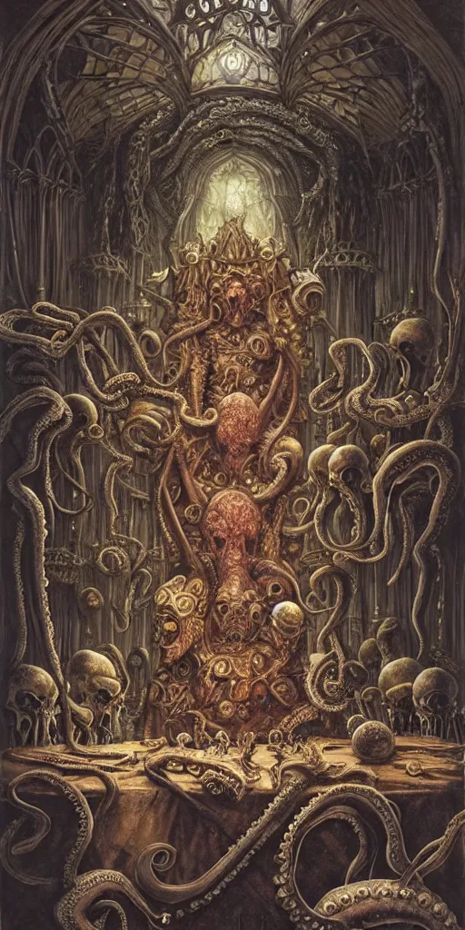 Image similar to mages with human bodies and magical armour with octopus heads sitting near the table in an ancient mage castle with enormous scale, gothic and baroque, brutalist architecture, ultradetailed, Intricate by John Howe and Josan Gonzalez and Giuseppe Arcimboldo