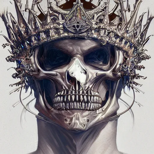 Image similar to ultra realistic illustration of the cybernetic skeleton king with a crown of blades, intricate, highly detailed, digital painting, artstation, concept art, sharp focus, illustration, art by artgerm and greg rutkowski and alphonse mucha