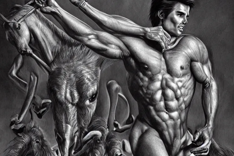 Image similar to beautiful lifelike painting of a centaur centaur centaur chimera tom cruise torso, hyperreal detailed facial features and uv lighting, art by ed roth and basil wolverton