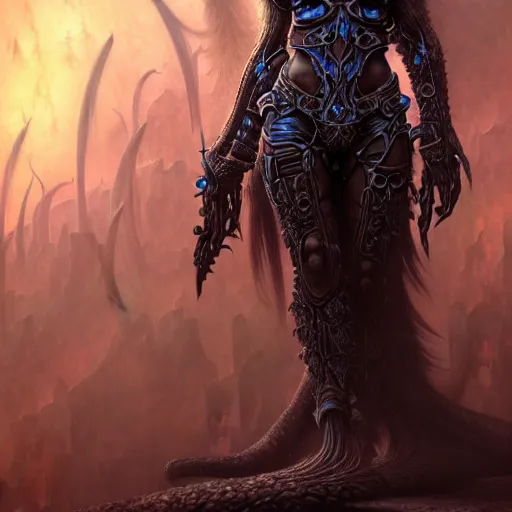 Image similar to a highly detailed long shot photo of chthonic warcraft female character by ayami kojima, beksinski, giger, intricate, digital painting, artstation, intricate, concept art, smooth, sharp focus, illustration