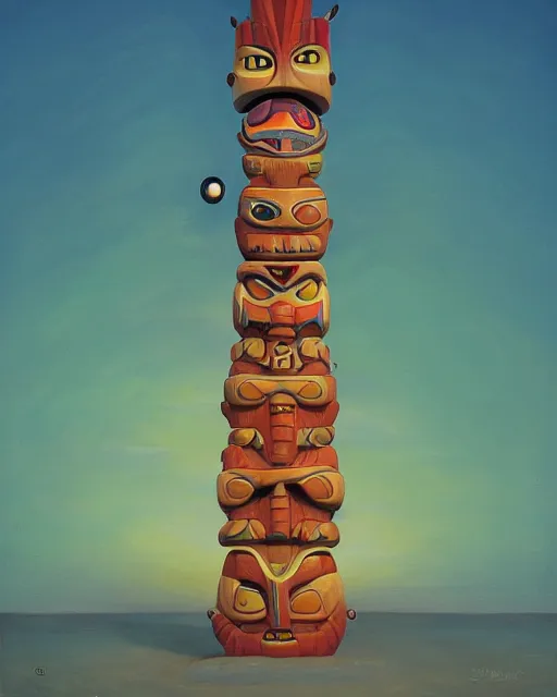 Image similar to a painting of a tribal tiki hut with a totem pole, a surrealist painting by Naoto Hattori, sunset, by Beeple, symmetry, by Makoto Shinkai and Lois van baarle, trending on deviantart, pop surrealism, lowbrow,, whimsical