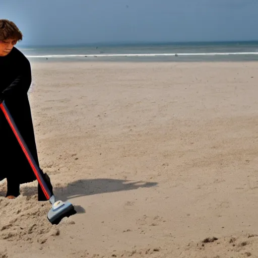 Image similar to anakin skywalker vacuuming the beach to remove sand