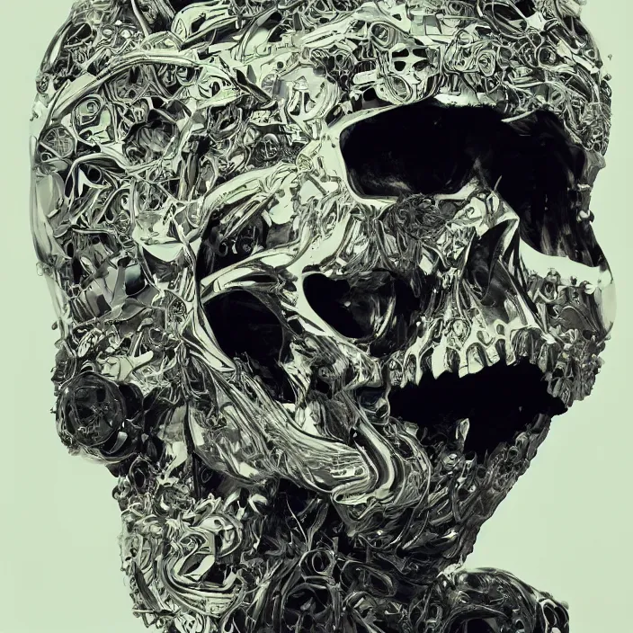 Image similar to portrait of a skull in a racing suit. intricate abstract. intricate artwork. nightmare fuel. by Tooth Wu, wlop, beeple, dan mumford. octane render, trending on artstation, greg rutkowski very coherent symmetrical artwork. cinematic, hyper realism, high detail, octane render, 8k, iridescent accents