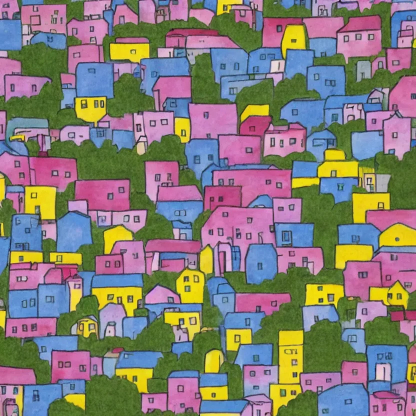 Image similar to little boxes on the hillside little boxes made of ticky tacky little boxes on the hillside little boxes all the same there's a pink one and a green one and a blue one and a yellow one, children's pencil drawing