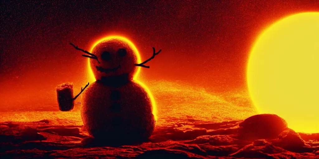 Image similar to a snowman melting on top of the sun. the ground is made of fire and lava and is glowing orange. cinematic, dramatic, epic, volumetric lighting, atmospheric, red, orange extremely coherent, 8 k, space, warm, blade runner 2 0 4 9