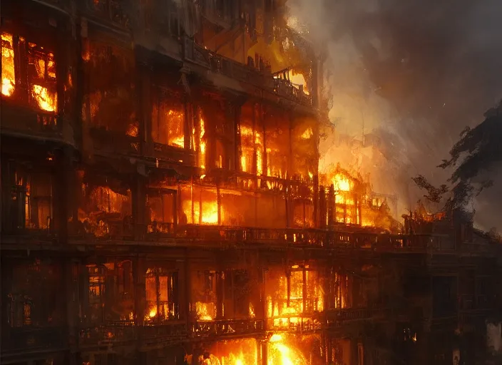 Image similar to the rich golden house burns in fire, volumetric lighting, digital painting, highly detailed, artstation, sharp focus, illustration, concept art, ruan jia, steve mccurry, amazing composition