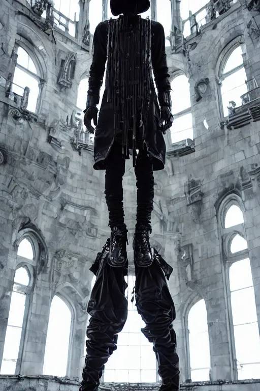 Prompt: avant garde techwear look and clothes, we can see them from feet to head, highly detailed and intricate, hypermaximalist, dystopian castle background, eerie fog, luxury, Rick Owens, Errolson Hugh, Yohji Yamamoto, Chrome Hearts, cinematic outfit photo