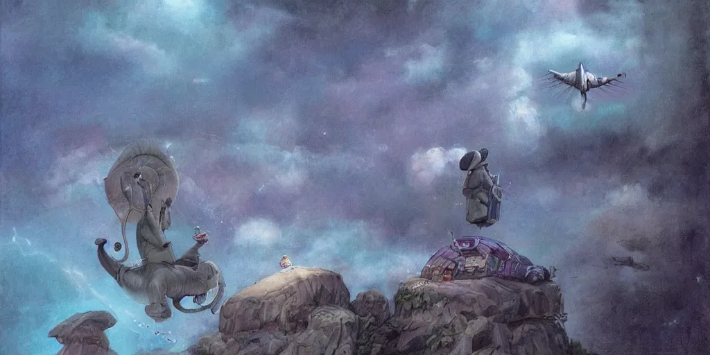 Image similar to a single purple elephant flying in the air like dumbo during a storm with lightning and an iridescent portal above, viewpoint from the ground looking up, illustration, detailed, smooth, soft, cold, by Adolf Lachman, Shaun Tan, Surrealism