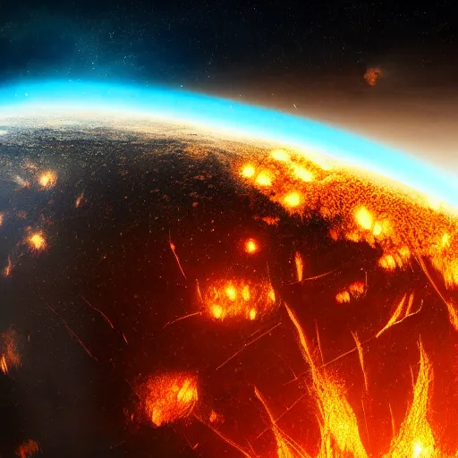 Prompt: concept art of a large meteorite explosion on the surface of earth as seen from space, scifi, highly detailed, high resolution photography, beautiful ilumination, artstation hq