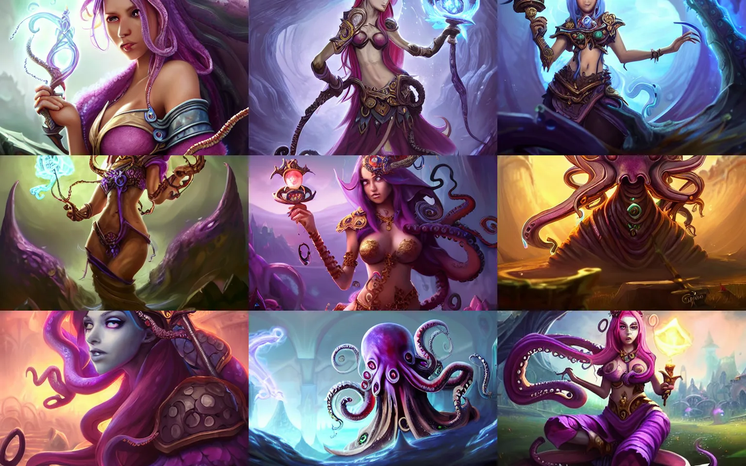 Prompt: portrait of beautiful octopus sorceress with magic staff, full body shot, rule of thirds, detailed face, beautiful eyes, fantasy landscape in background, league of legends splash art, hearthstone splash art, world of warcraft splash art, fantasy, whimsical, horror, ornate bikini armor, artgerm, greg rutkowski, josephine wall, trending on artstation, wallpaper