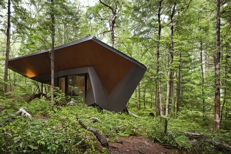 Image similar to a large modern cabin sitting on detritus, with curved shapes and ergonomic design, lush foliage