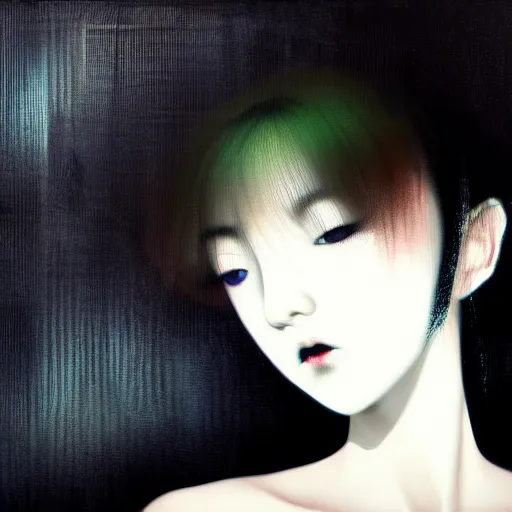Prompt: yoshitaka amano blurred and dreamy minimalistic three quarter angle portrait of a young woman with black lipstick and black eyes wearing dress suit with tie, junji ito abstract patterns in the background, satoshi kon anime, noisy film grain effect, highly detailed, renaissance oil painting, weird portrait angle, blurred lost edges