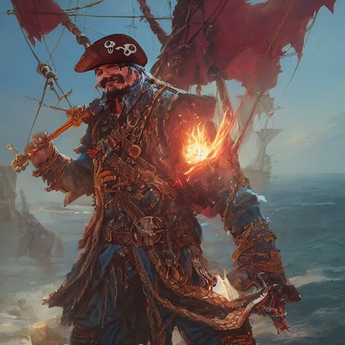 Prompt: pirate captain d & d, d & d style, trending on artstation, intricate, highly detailed, vivid painting, colorful, art by greg rutkowski