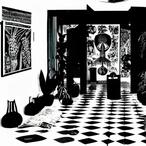 Image similar to A black and white sérigraphie of an exhibition space with works of Sun Ra, Marcel Duchamp and tropical plants