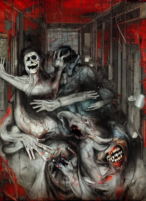 Prompt: two dark figures laughing inside a decayed Romanian hospital room, gothic, rich deep colors. intricate artwork in the style of Francis bacon and James jean, part by Gerhard Richter, part Petra cortright, highly detailed, very coherent, horror, rich colours