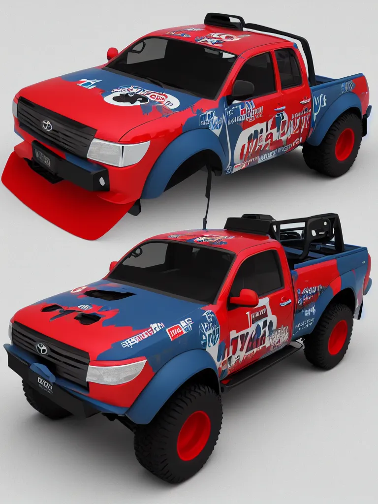 Image similar to i highly modified caricature toyota hilux, 3 d, trending on artstation, octane render, 8 k