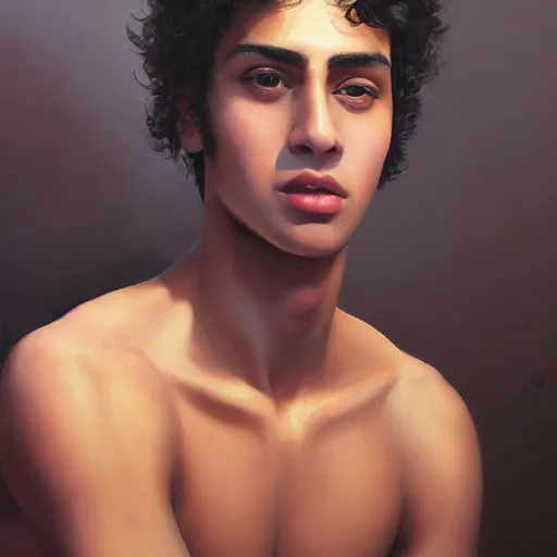 Image similar to oil painting by ilya kuvshinov, baugh casey, rhads, coby whitmore, of a youthful persian - indian college student, olive skin, high cheekbones, handsome, curly black hair, outdoors, highly detailed, breathtaking face, studio photography, dawn, intense subsurface scattering, blush, supple look, innocence, intense sunlight