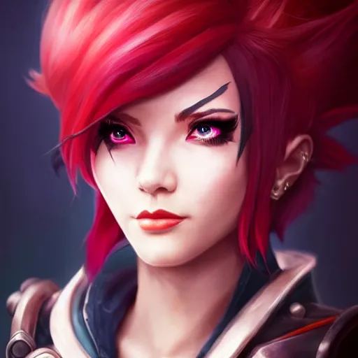 Image similar to portrait of Vi from League of Legends, by Fortiche Studio, from Netflix's Arcane, trending on artstation,fine details, realistic shaded, fine-face, foggy Steampunk city on the background, tattoo on face, red hair, painted texture, pretty face,by Artgerm