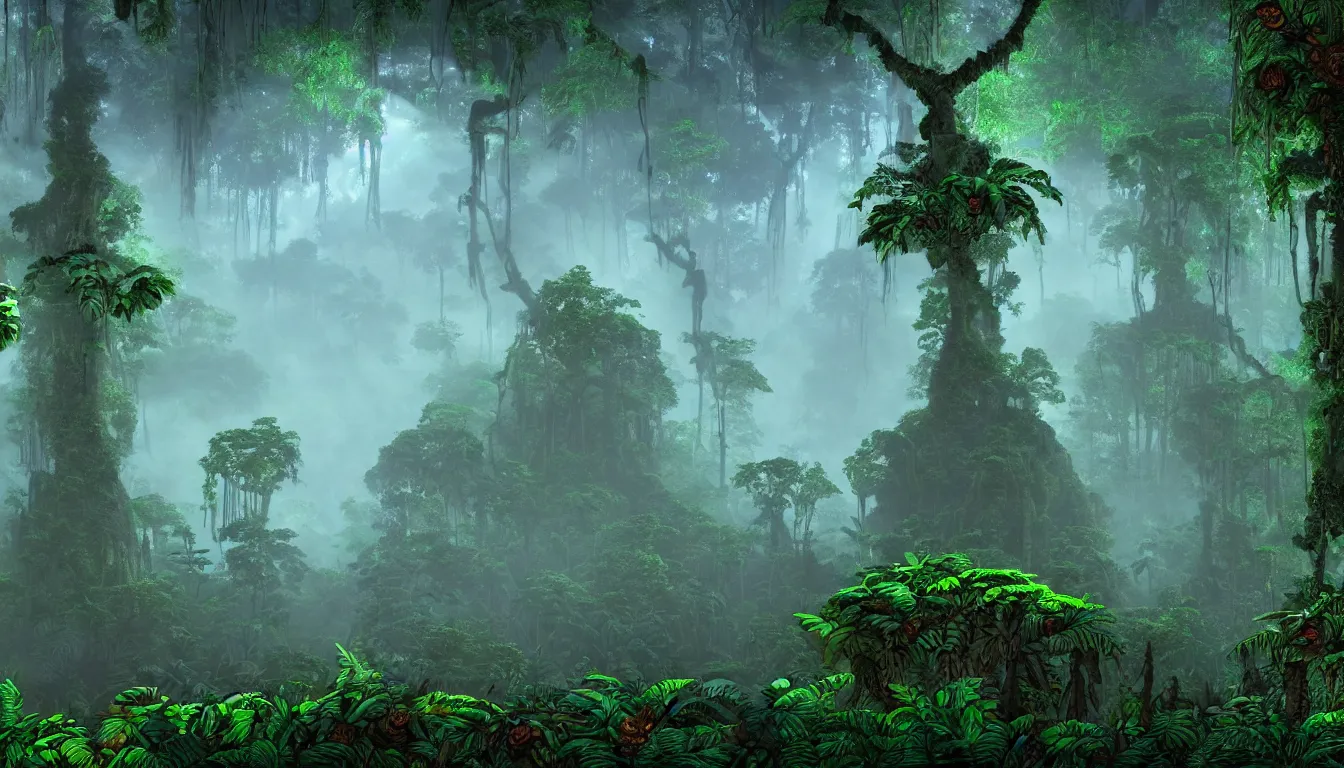 Prompt: deep mayan jungle forest realm biodiversity , side-scrolling 2d platformer game level, swirling clouds of magical mist through the trees, ancient forbidden temple ruins in tre background between the tree trunks, dramatic dusk sun illuminates areas , volumetric light , detailed entangled roots carpet the forest floor, rich color , upscale , 8k