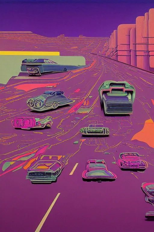 Image similar to 8 0 s art deco desert road with old cars, computers, cinematic dramatic cyberpunk textural fluid lines purple, pink, blue, green. otherworldly vaporwave interesting details fantasy lut epic composition by basquiat zdzisław beksinski james jean artgerm rutkowski moebius francis bacon gustav klimt