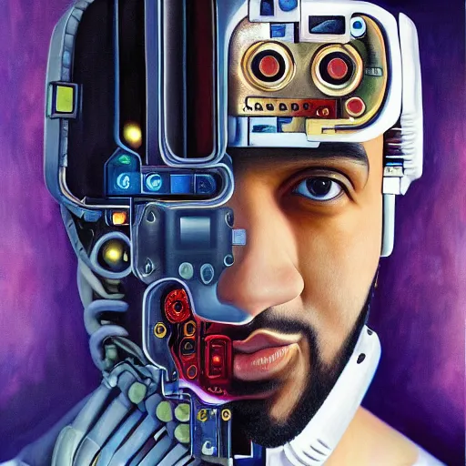 Image similar to a realistic oil painting of drake as a cybernetic cyborg, surrealism portrait, surrealism album cover