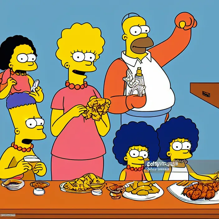 Image similar to African American family in 1979 with two daughters and a son eating chicken, mash potatoes, and rolls for dinner. Cartoon version Simpsons style