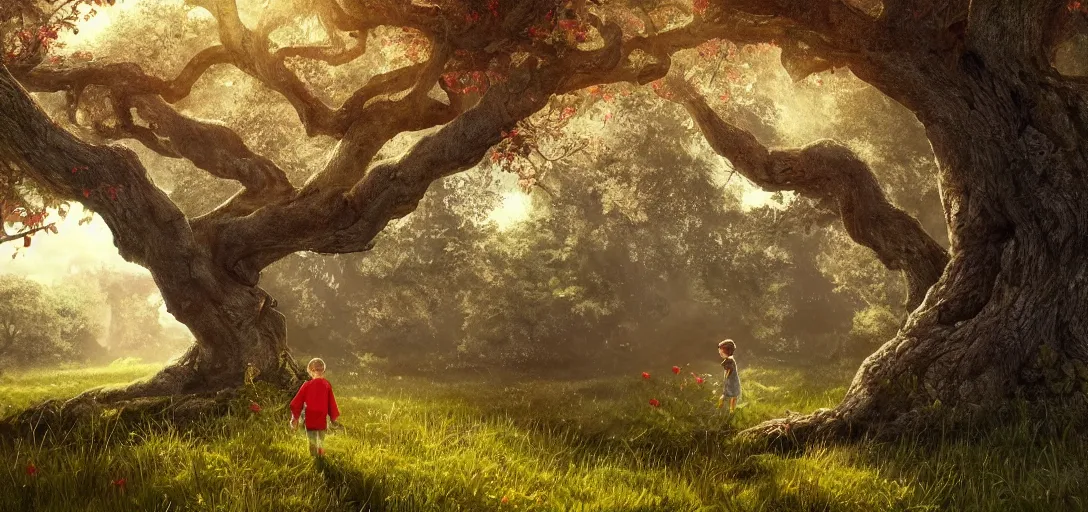 Prompt: Kid with red radioflyer standing in front of beautiful tree house in an old oak tree on a beautiful meadow with flowers, dramatic lighting, cinematic, establishing shot, extremly high detail, photo realistic, cinematic lighting, post processed, concept art, artstation, matte painting, style by eddie mendoza, raphael lacoste, alex ross