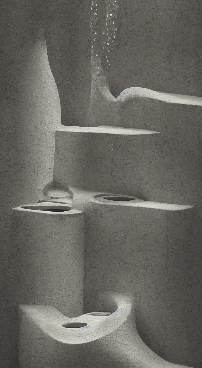 Image similar to a stream of water flowing into a machine made from clay amphoras and producing a coin, in the style of Carlo Scarpa, architectural photograph , isometric views, kidneys, marble texture , 8k