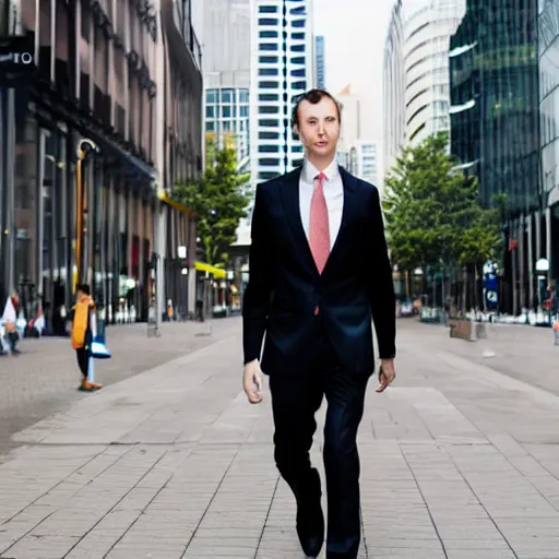 Prompt: portrait photograph of a very tall, elegantly dressed businessman walking through the city