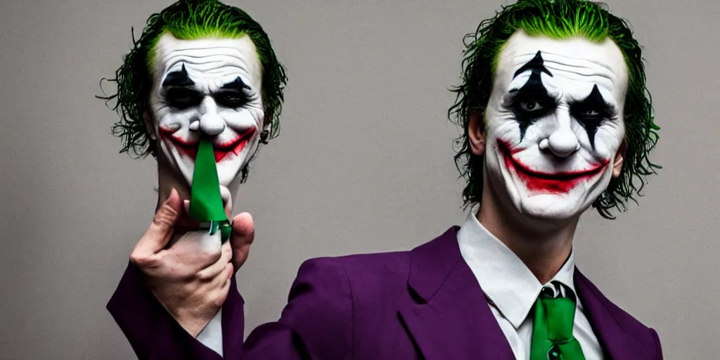 Image similar to joker wearing a suit style, photograph, grinning, creepy,