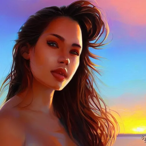 Image similar to portrait of beautiful woman on the beach, brown eyes, sunset, highly detailed, bokeh, trending on art station, digital painting by, artgerm.