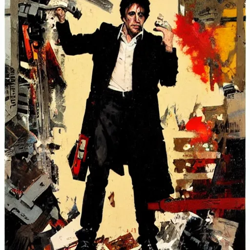 Prompt: full body and head portrait of al pacino in tattered suit and trench coat, dynamic action, painted by norman rockwell and phil hale and greg staples and tom lovell and frank schoonover and jack kirby