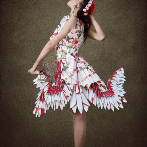 Prompt: a beautiful girl wearing an origami dress eye - level medium shot, fine floral ornaments in cloth and hair, hummingbirds, elegant, by eiko