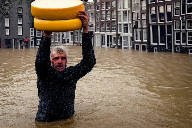 Image similar to closeup potrait of a man carrying a wheel of cheese over his head in a flood in Amsterdam, photograph, natural light, sharp, detailed face, magazine, press, photo, Steve McCurry, David Lazar, Canon, Nikon, focus