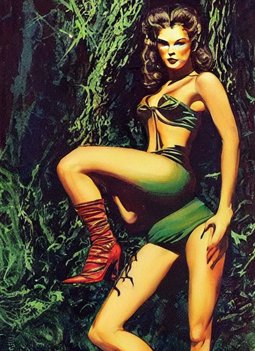 Prompt: seventies slim young horror actress, sequin top, dark forest, strong line, deep color, beautiful! coherent! by brom, by frank frazetta,